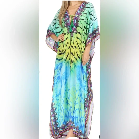 flowy caftan dress Sakkas Georgettina Flowy Rhinestone V Neck Long Caftan Dress main image 0